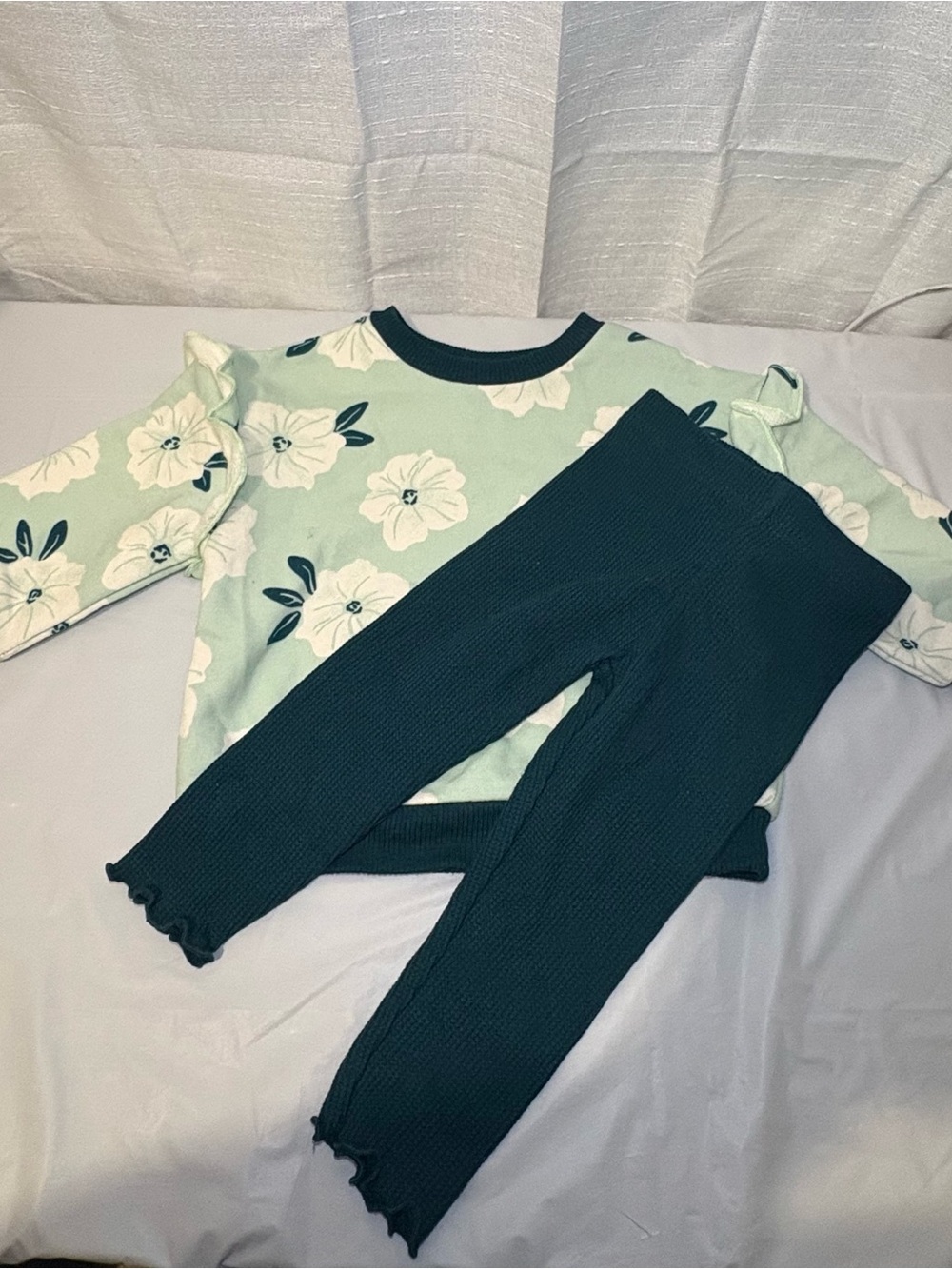 Kids Floral Mint & Dark Green Matching Set - Long Sleeve Top and Leggings